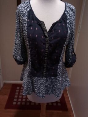 Boho Mixed-Print Navy Tunic with Pink Accents